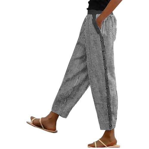 Generic Women's Straight Leg Stripe Cotton Linen Pants