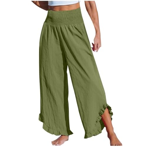 Boho Wide Leg Smocked Waist Linen Pants for Summer Vacation