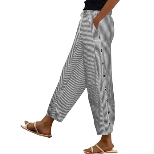Generic Women's Straight Leg Stripe Cotton Linen Pants