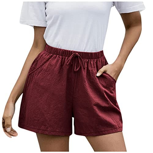 Sktremeuru High-Waisted Linen Shorts for Women Elastic Waist Drawstring Wide Leg Summer Fashion
