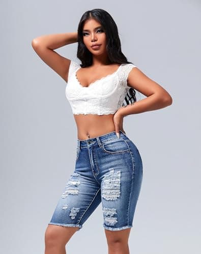 Rosswear Womens Ripped Stretch Mid Rise Frayed Long Jean Shorts