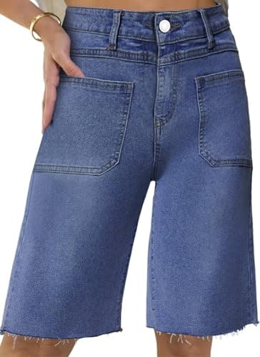 Allimy Women's Denim Cargo Knee-Length Shorts with Pockets