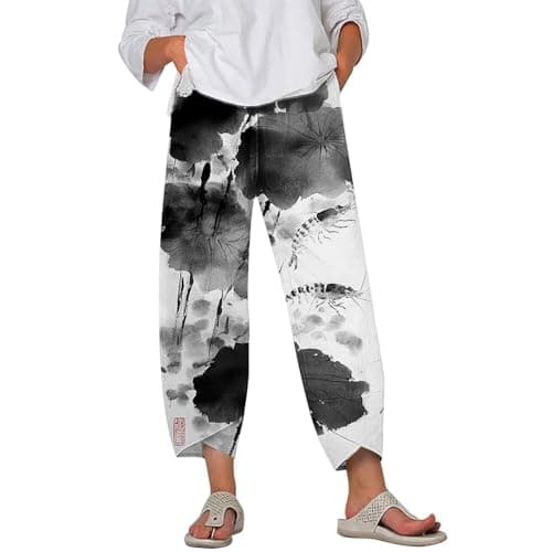 HOTYD Japanese Linen Pants for Women Summer Baggy Capri Trouser with Pockets