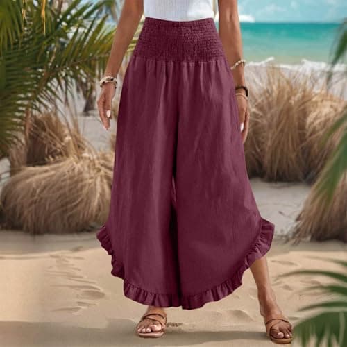 Yxzogd Women's Stretch Smocked Wide Leg Linen Palazzo Pants Ruffle Hem Summer Trousers