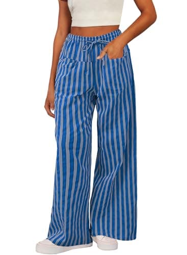 Acelitt Women's Casual Elastic Waist Striped Wide Leg Pants with Pockets, S-XXL