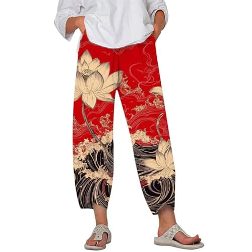 HOTYD Japanese Linen Pants for Women Summer Baggy Capri Trouser with Pockets