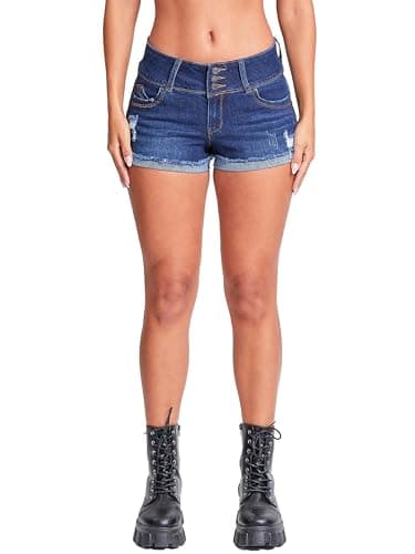 YMI Women's Junior Wannabettabutt 3-Button Mid-Rise Cuffed Jeans Shorts