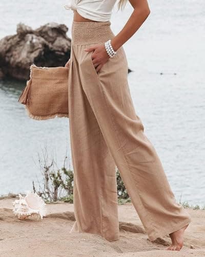 GLIENST Women's High Waisted Smocked Linen Palazzo Pants with Pockets S-2XL