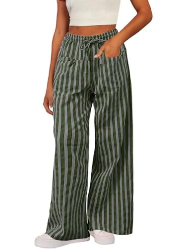 Acelitt Women's Casual Elastic Waist Striped Wide Leg Pants with Pockets, S-XXL
