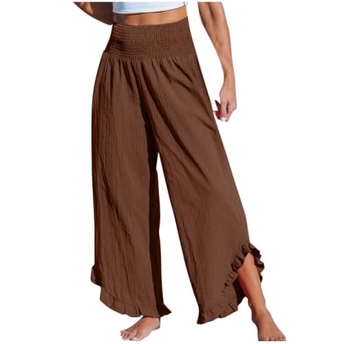 Boho Wide Leg Smocked Waist Linen Pants for Summer Vacation