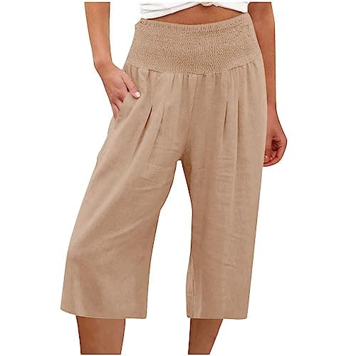 Sktremeuru Women's Summer Loose Wide Leg Linen Palazzo Pants High Waist Flowy Crop