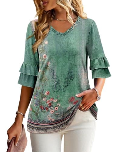 Angerella Dressy 3/4 Sleeve V-Neck Tunic Tops Spring Summer Tops