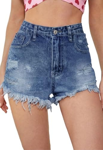 Metietila Women's High-Waisted Ripped Stretch Denim Shorts