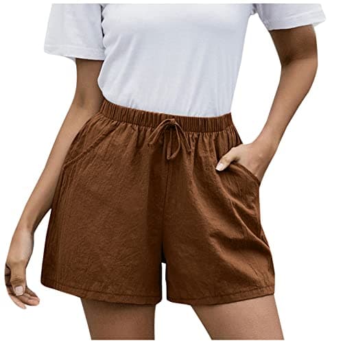 Sktremeuru High-Waisted Linen Shorts for Women Elastic Waist Drawstring Wide Leg Summer Fashion