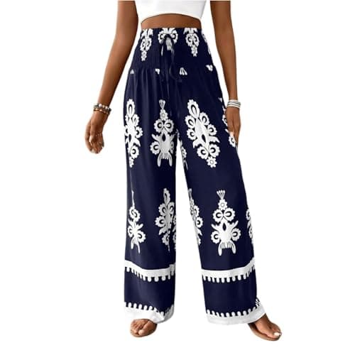 Elastic High Waisted Floral Print Wide Leg Linen Pants with Pockets