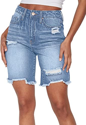 HUUSA Women's High Waist Ripped Denim Mid-Thigh Shorts with Pocket
