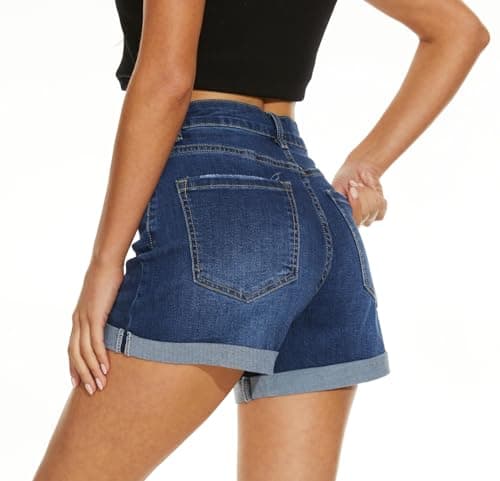 VIPONES High Waisted Stretch Denim Jean Shorts with Folded Hem