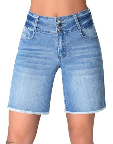 Rosswear Women's Stretchy Wide Leg High-Waisted Frayed Hem Jean Shorts