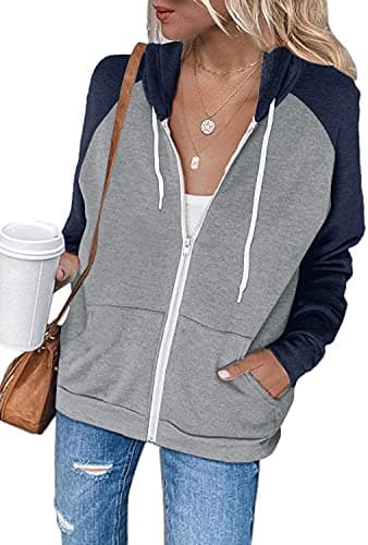 Ezbelle Women's Color Block Zip-Up Hoodie Sweatshirt with Pockets