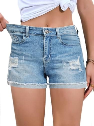 FEKOAFE 2025 Women's Summer Mid/High-Waisted Ripped Denim Shorts
