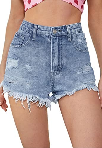 Metietila Women's High-Waisted Ripped Stretch Denim Shorts