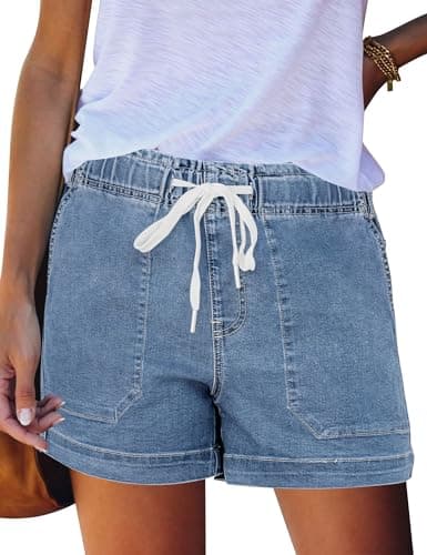 QACOHU Women's Casual Summer Denim Shorts Mid-Waisted Ripped Stretch Jeans