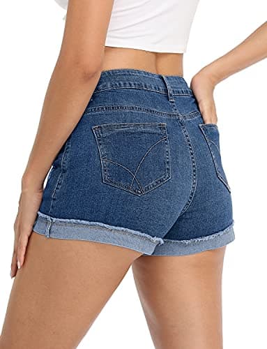 Angerella Women's Mid Rise Ripped Denim Shorts Stretchy Fold Hem