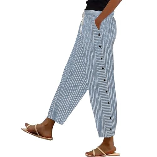 Generic Women's Straight Leg Stripe Cotton Linen Pants