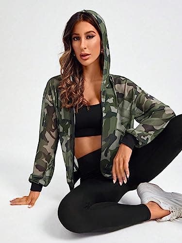 Milumia Women's Camo Sheer Workout Zip-Up Long Sleeve Hoodie
