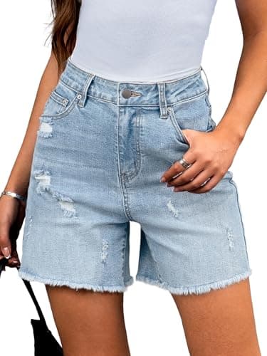 ELLEVEN Women's High-Waisted Ripped Jean Wide Leg Shorts