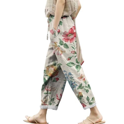 Boho Striped Linen Pants for Women Summer Casual Beach
