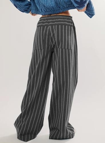 Acelitt Women's Casual Elastic Waist Striped Wide Leg Pants with Pockets, S-XXL