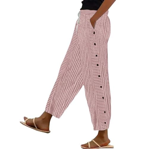 Generic Women's Straight Leg Stripe Cotton Linen Pants