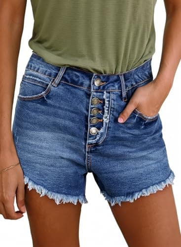 Sidefeel Women's High-Waisted Stretch Raw Hem Denim Shorts