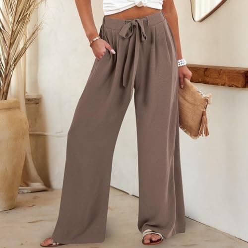 PETCDIM Women's Flowy High Waisted Adjustable Tie Palazzo Beach Pants