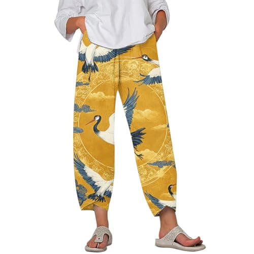 HOTYD Japanese Linen Pants for Women Summer Baggy Capri Trouser with Pockets