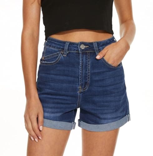 VIPONES High Waisted Stretch Denim Jean Shorts with Folded Hem
