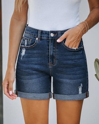 LookbookStore Women's Stretchy High-Waisted Ripped Denim Shorts