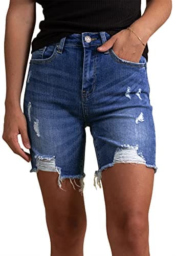 HUUSA Women's High Waist Ripped Denim Mid-Thigh Shorts with Pocket