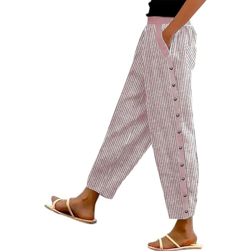 Generic Women's Straight Leg Stripe Cotton Linen Pants