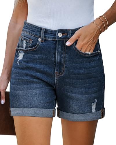 LookbookStore Women's Stretchy High-Waisted Ripped Denim Shorts