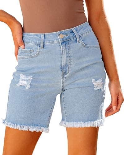 Luvamia Women's High-Waisted Distressed Denim Long Shorts