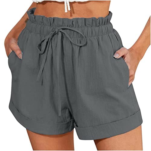 Sktremeuru Women's Cotton Linen Paperbag Shorts Elastic Waist DrawstringComfort Summer Pants