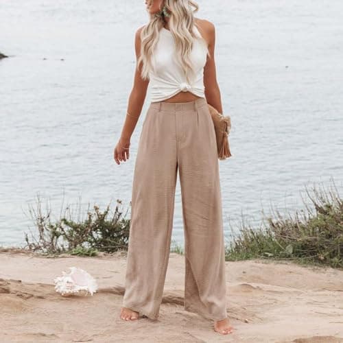 Stylish Women's Wide Leg Office Pants with Pockets Solid Slacks
