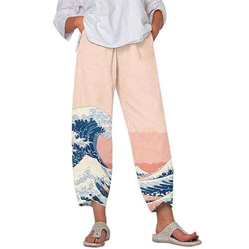 HOTYD Japanese Linen Pants for Women Summer Baggy Capri Trouser with Pockets