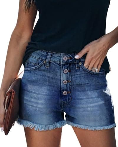 MEMVU Women's Ripped Stretch Mid-Rise Raw Hem Denim Shorts