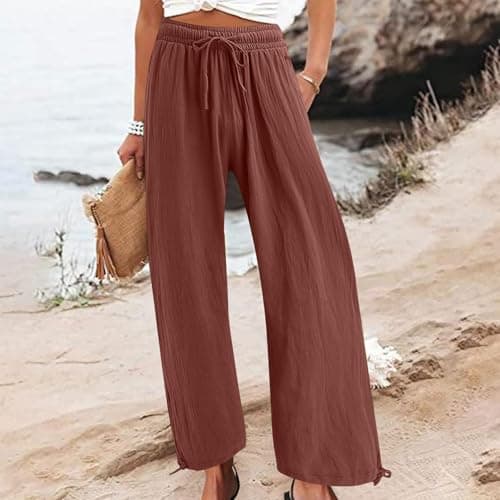 Summer Women's Linen Wide Leg Drawstring Pants with Pockets