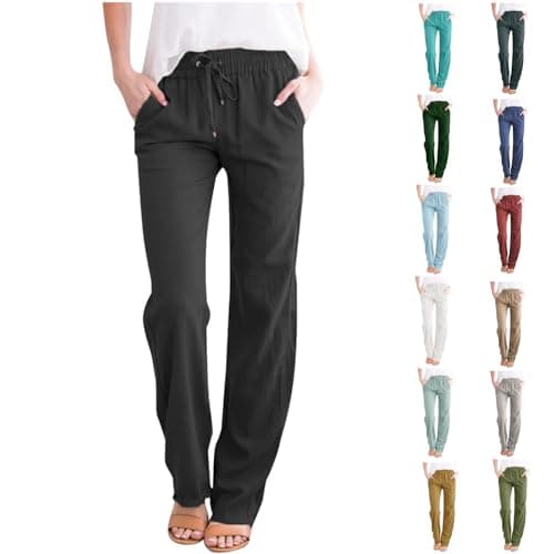DINEVE High-Waisted Drawstring Joggers - Plus Size Wide Leg Linen Pants