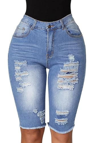 Rosswear Womens Ripped Stretch Mid Rise Frayed Long Jean Shorts