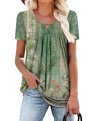 OnlyPuff Women's Pleated Floral Tunic Tops Summer Boho Dress Casual